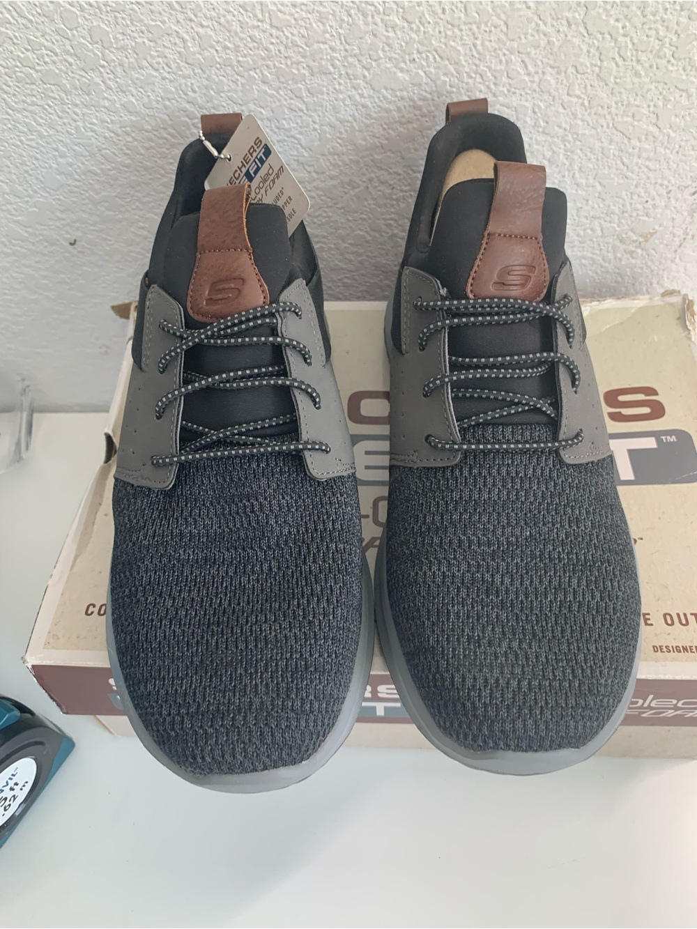 Skechers Men's Charcoal Knit Slip-On Athletic Sneakers with Brown Pull Tabs